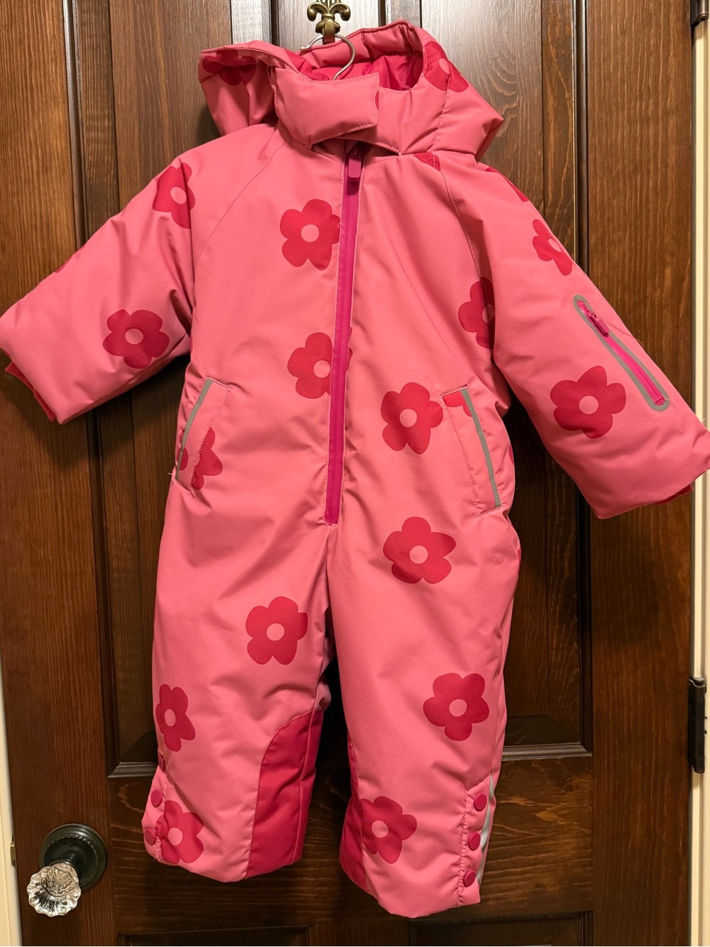 Zara Pink Floral Hooded Snowsuit with Red Flower Print